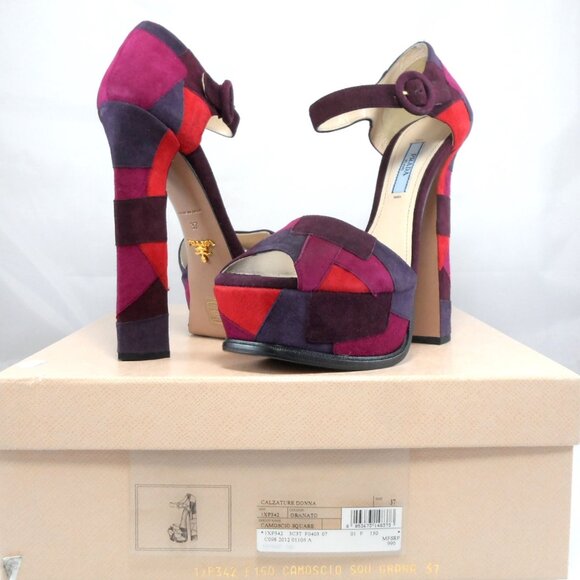 NIB$990 Collection Prada Patchwork d’Orsay Ankle Strap Platform Heels Vintage 37 - Picture 16 of 16